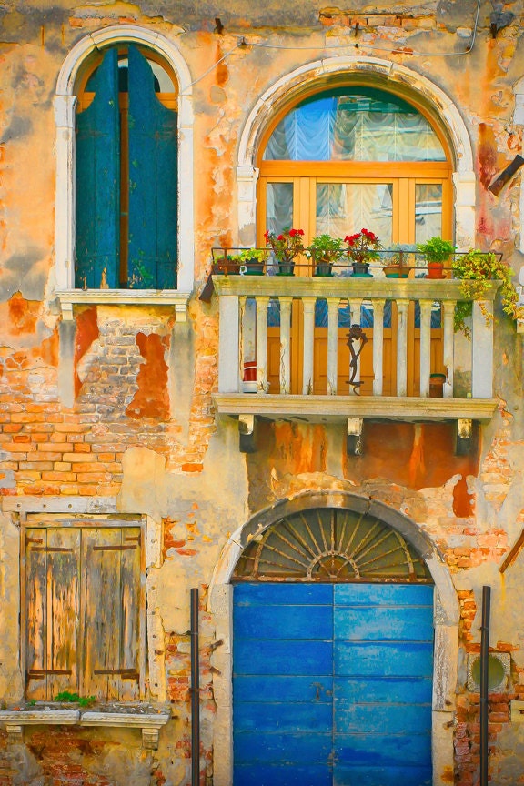 Venetian Fairy Tale, CANVAS wrap - Venice poster size canvas - Fine art photography gift - door, windows architecture - gold blue teal