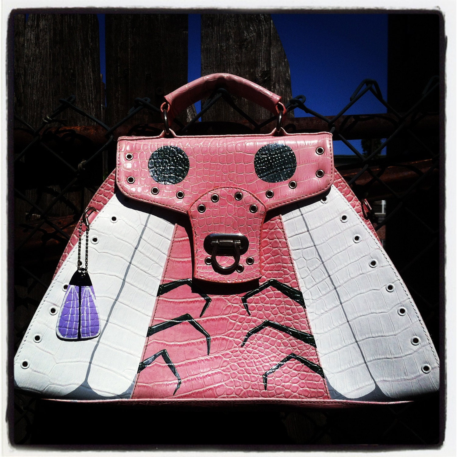 Superfly Fly and Bug Buddy. Pink upcycled hand painted vinyl purse.