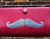 Double Mustaches. Red fabric upcycled hand painted clutch purse.