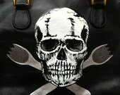 Skull and Crossed Sporks: Upcycled hand painted black leather Emily Daniell purse