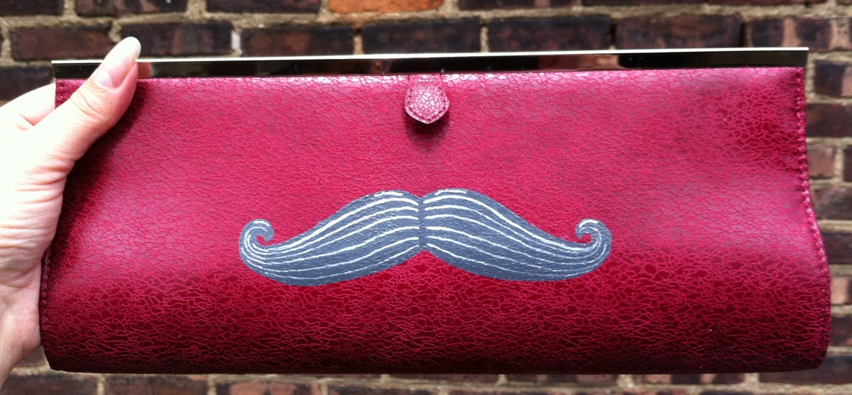 Double Mustaches. Red fabric upcycled hand painted clutch purse.
