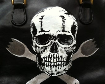 Skull and Crossed Sporks: Upcycled hand painted black leather Emily Daniell purse