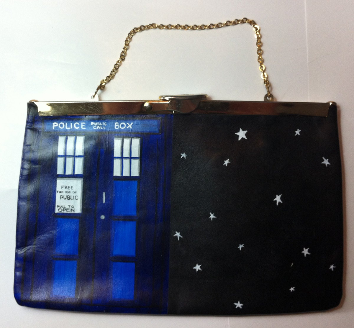 Dr Who's TARDIS: Upcycled hand painted vintage leather Etra clutch purse