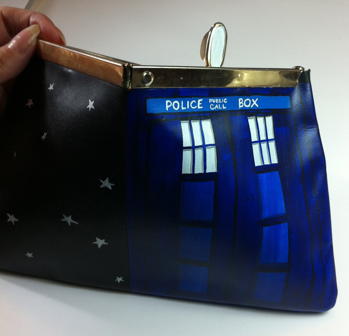 Dr Who's TARDIS: Upcycled hand painted vintage leather Etra clutch purse