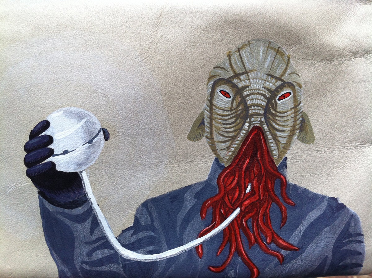 Dr Who's Ood: Upcycled hand painted vintage leather Etra clutch purse