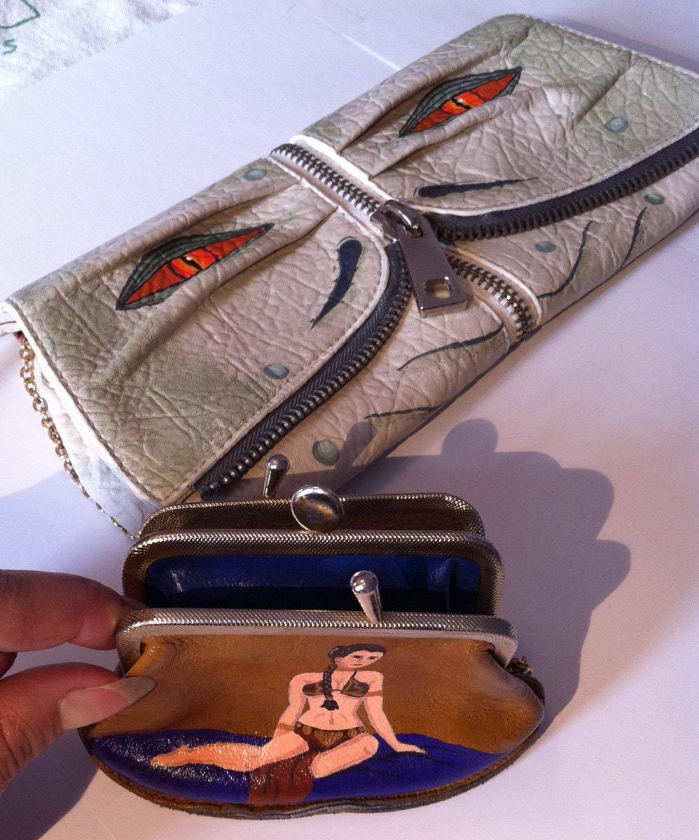 Star Wars: Jabba the Hutt clutch purse and Princess Leia coin purse. Upcycled and hand painted.