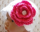 Crochet soft white cloche beanie pink flower newborn