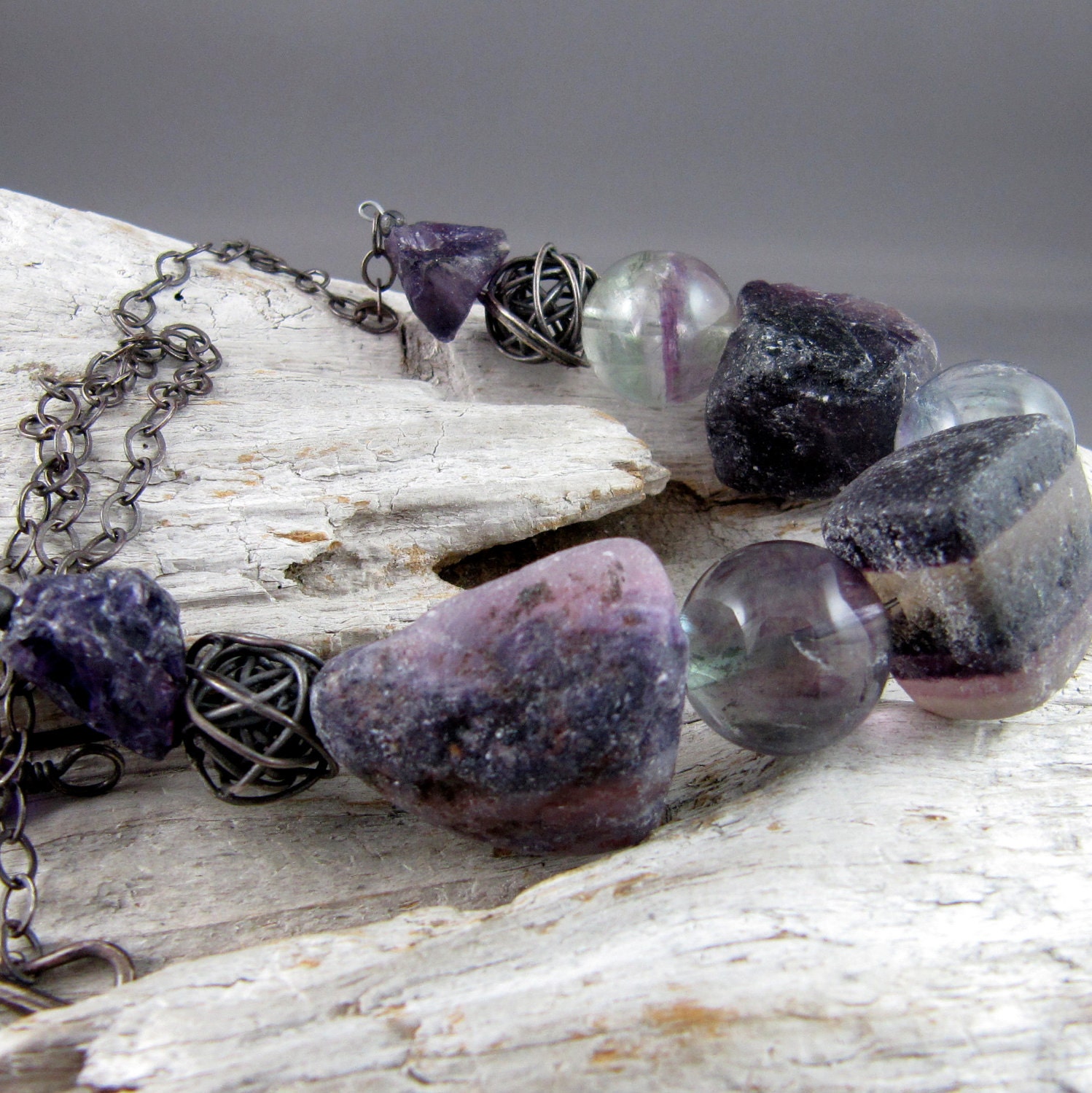 Raw Fluorite with Oxidized Silver Necklace (Purple)