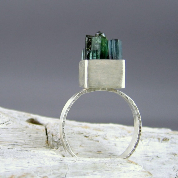 Green & Teal Tourmaline 'Sticks' Silver Ring