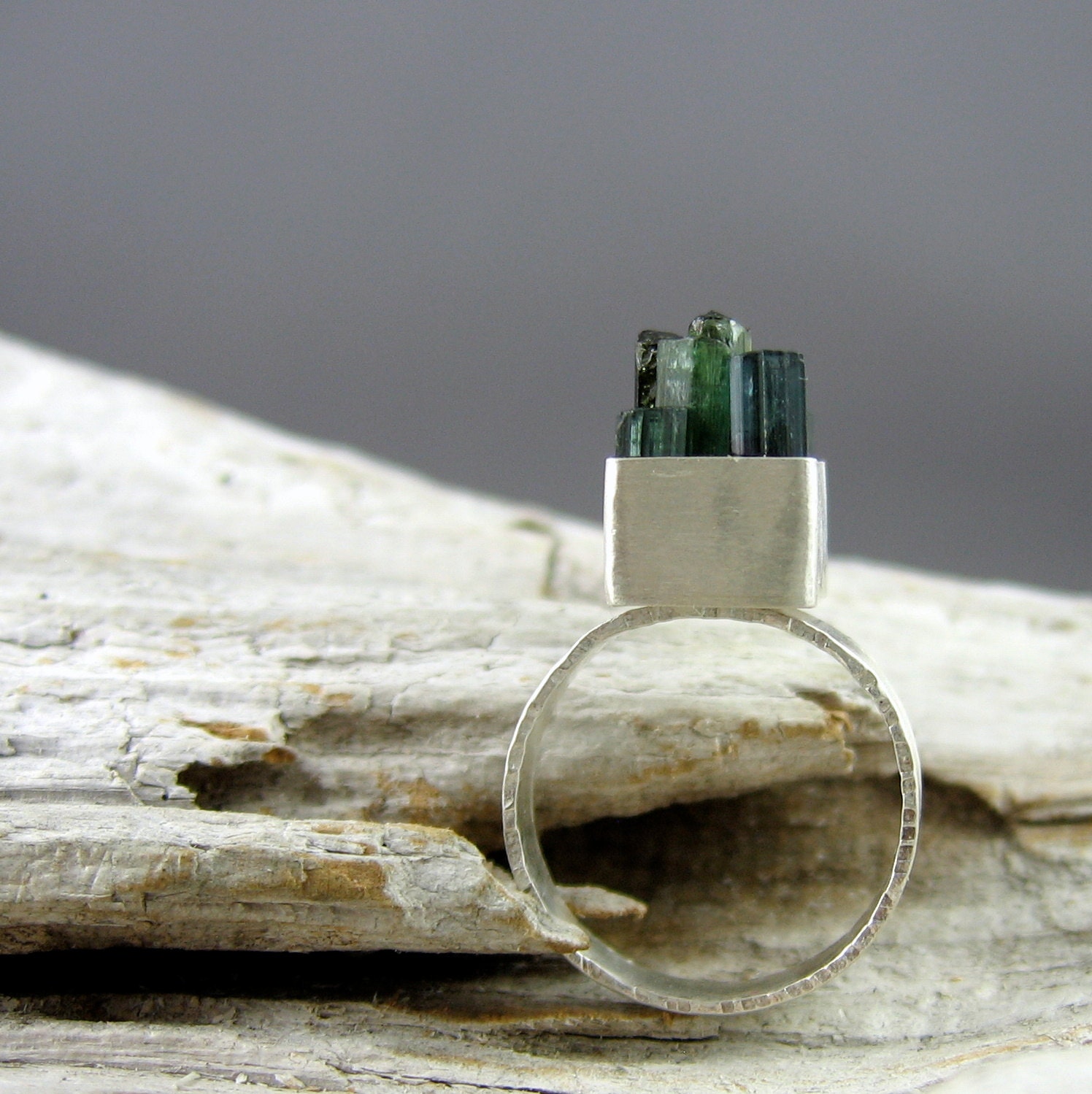 Green & Teal Tourmaline 'Sticks' Silver Ring
