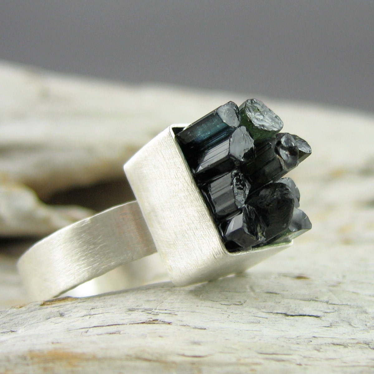 Green & Teal Tourmaline 'Sticks' Silver Ring