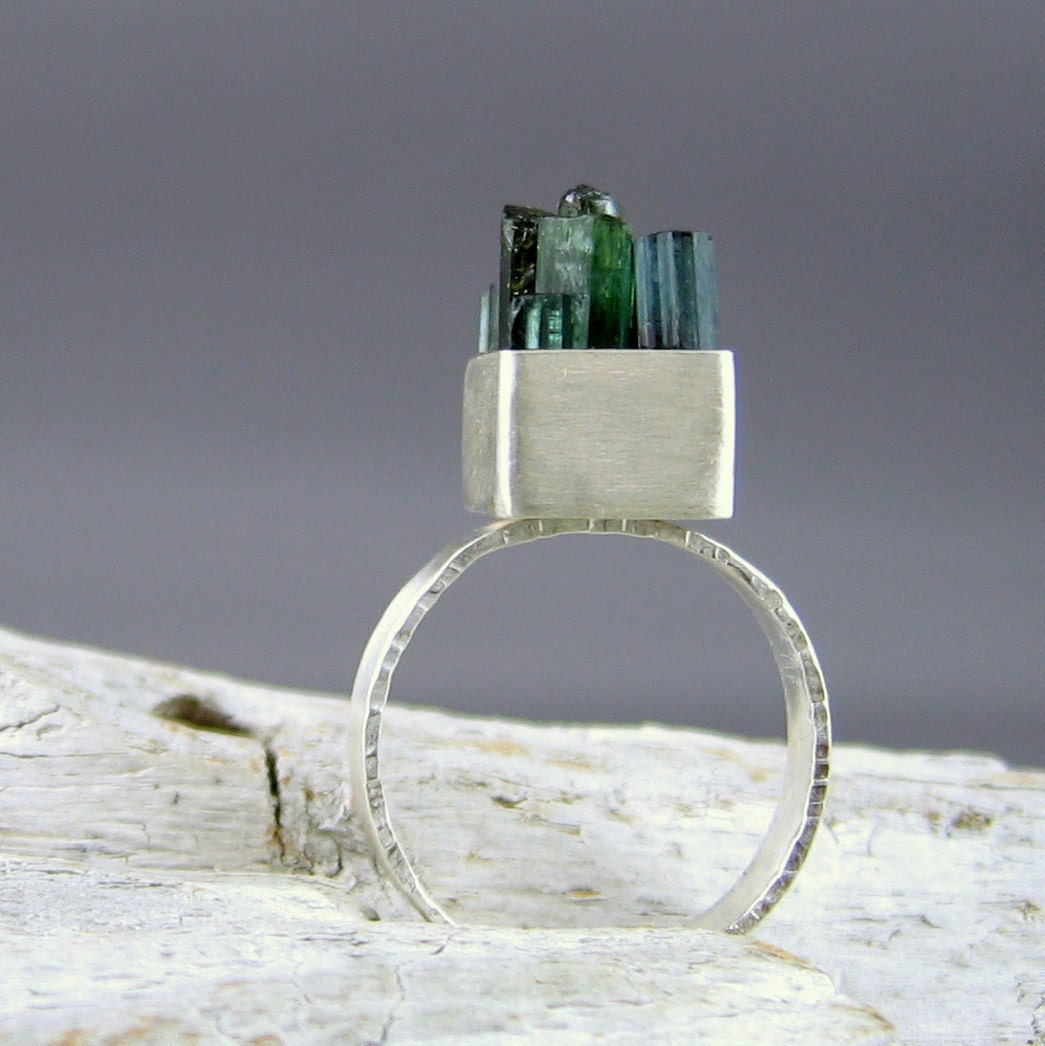 Green & Teal Tourmaline 'Sticks' Silver Ring