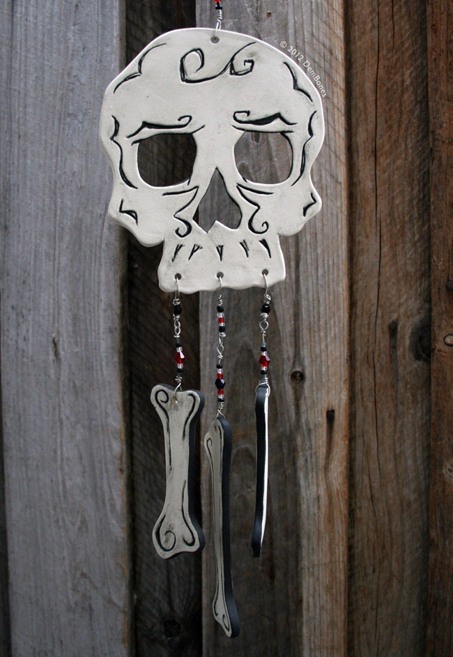 Gothic Ceramic Skull Wind Chime - Jet Black Red Glass Beads and Silver Wire Outdoor Decoration