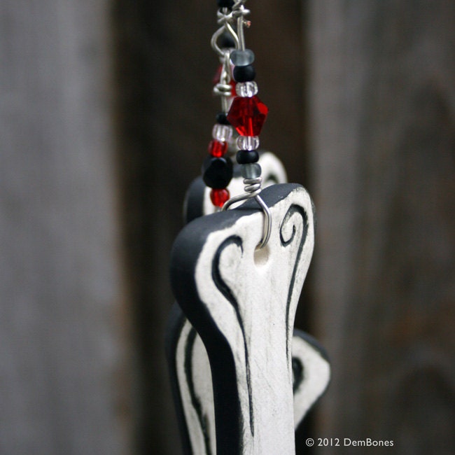 Gothic Ceramic Skull Wind Chime - Jet Black Red Glass Beads and Silver Wire Outdoor Decoration