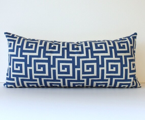 Modern Greek Key Bolster Designer Bloster Pillow 10" x 22" Blue Nautical Accent Cushion Geometric Indigo Royal Trellis Lattice Maze