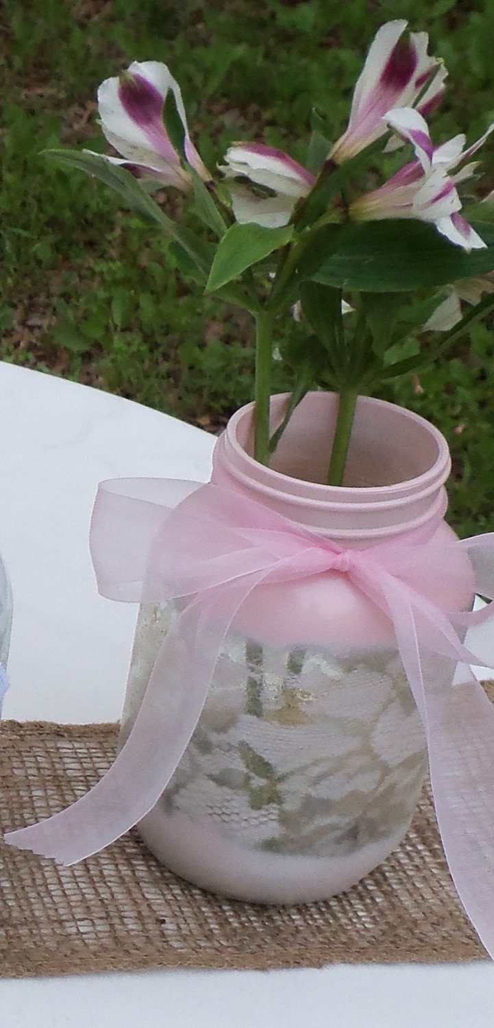Mason Jar - Hand Painted Elegant Lace Centerpiece Vase - Customized with your Wedding Colors