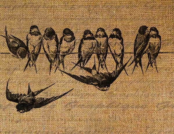 Digital Collage Sheet Burlap Iron On Bird Birds On A Wire Flying Digital Download Fabric Transfers To Pillows Totes Tea Towels 1720