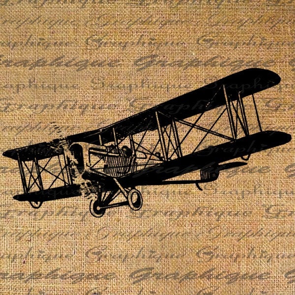 Digital Collage Sheet Burlap Download Transfer Vintage Biplane Airplane Iron on Fabric Pillows Tote Bags Tea Towels Burlap No. 2033