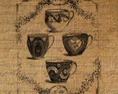 French Tea Cups Paris Words Digital Image Download Transfer To Pillows Tote Tea Towels Burlap No. 1996