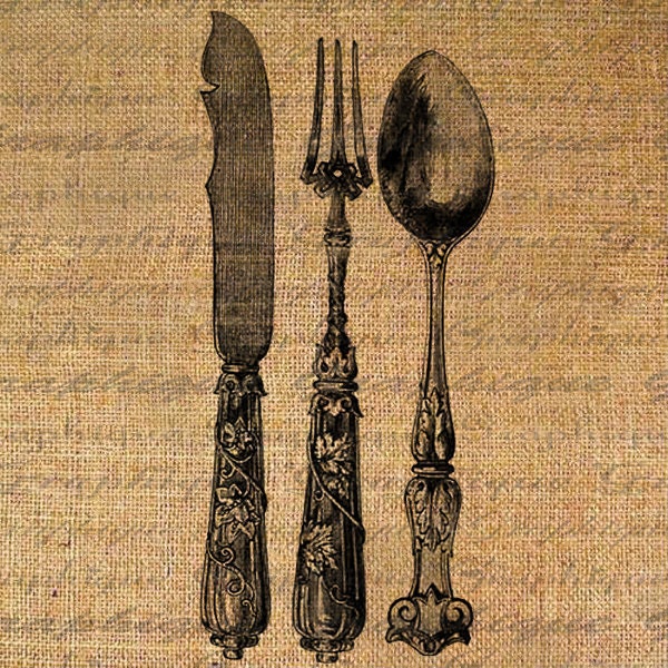 Very Ornate Fork Knife Spoon Silverware Digital Image Download Transfer To Pillows Tote Tea Towels Burlap No. 2212