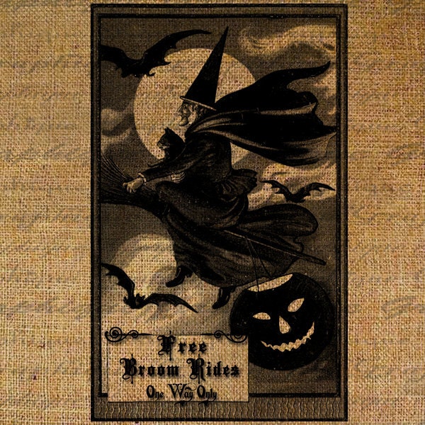 Witch Halloween Digital Collage Sheet Free Broom Rides Burlap Download Fabric Transfer Pillows Tote Bags Tea Towels  2955