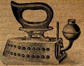 Vintage Steam Iron Ironing Clothing Cleaning Steampunk Digital Image Download Sheet Transfer To Pillows Totes Tea Towels No. 3340