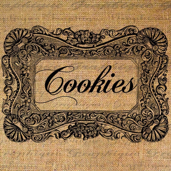 COOKIES n Fancy Ornate FRAME Word Text LABEL Digital Collage Sheet Download Burlap Fabric Transfer Iron On Pillows Totes Tea Towels No. 3812