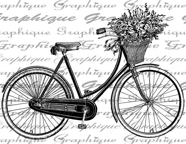 Digital Download Collage Sheet Burlap Transfer Vintage BICYCLE Basket Flowers Ribbons Bike Iron On Fabric Pillows Tote Tea Towels No. 1804