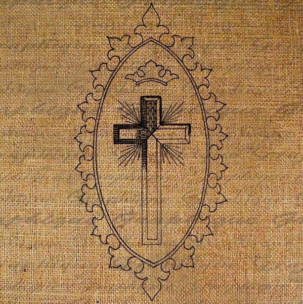 Easter Cross With Crown Fleur De Lis Frame Christian Digital Image Download Sheet Transfer To Pillows Tote Tea Towels Burlap 3538