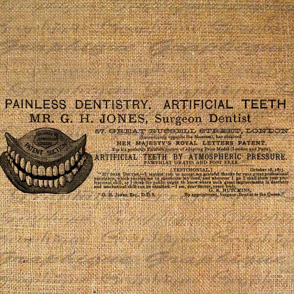 Funny Old DENTAL Ad PATENTED False TEETH Digital Collage Sheet Download Burlap Fabric Transfer Iron On Pillows Totes Tea Towels No. 3689