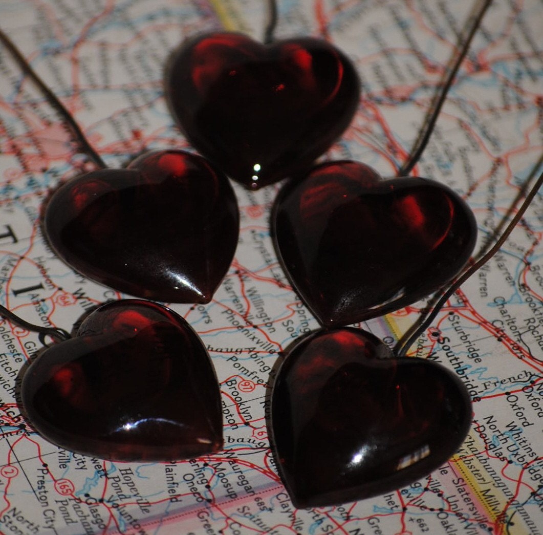 MY BLEEDING HEART ......Vintage red black cherry, pressed glass, wire beads, head pins, chandelier crystal