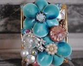 OOAK assemblage Victorian upcycled style - Blue flowers - pastel accent pendant