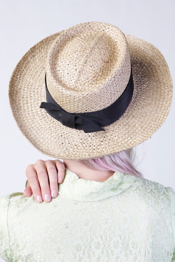 vintage let's picnic straw hat with black bow summer women's made in USA one size fits all