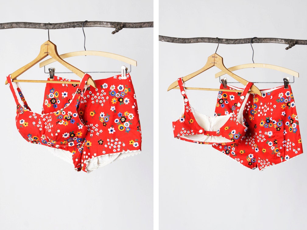 SALE vintage 60's flower print swimsuit  with high waisted shorts and bullet bra women's retro mod hip