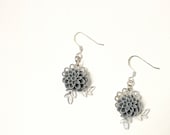 Grey Flower Dangle Earrings with Cabochon Dahlias and Sterling Silver Accents