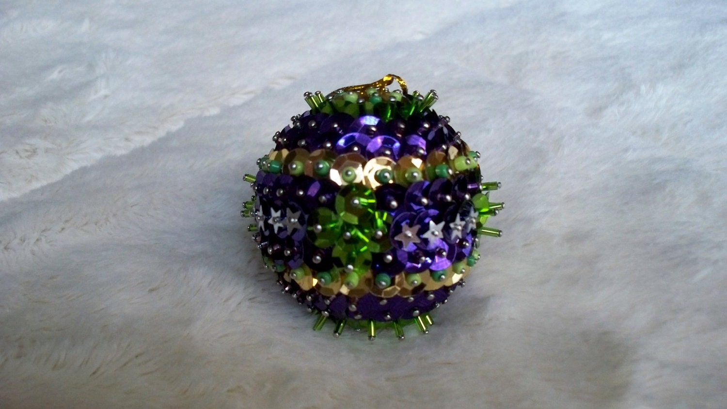 Dark Purple Gold and Green Holiday Sequin Bead Christmas Ornament