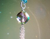 Silver Chain Tassel & Large Teal Crystal Necklace