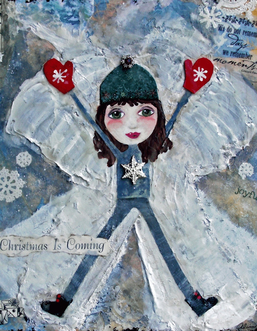 Snow Angels - Mixed Media Art Collage Painting  PRINT  Christmas Remember When