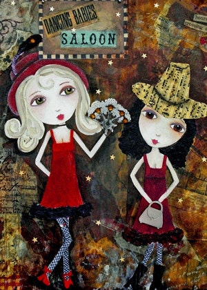 Wild West Saloon Babies - Mixed Media Art Collage Painting ACEO / ATC Print