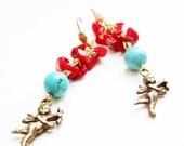 Coral and Turquoise earrings, with Cupid charm. Italian gemstone jewelry, handmade.
