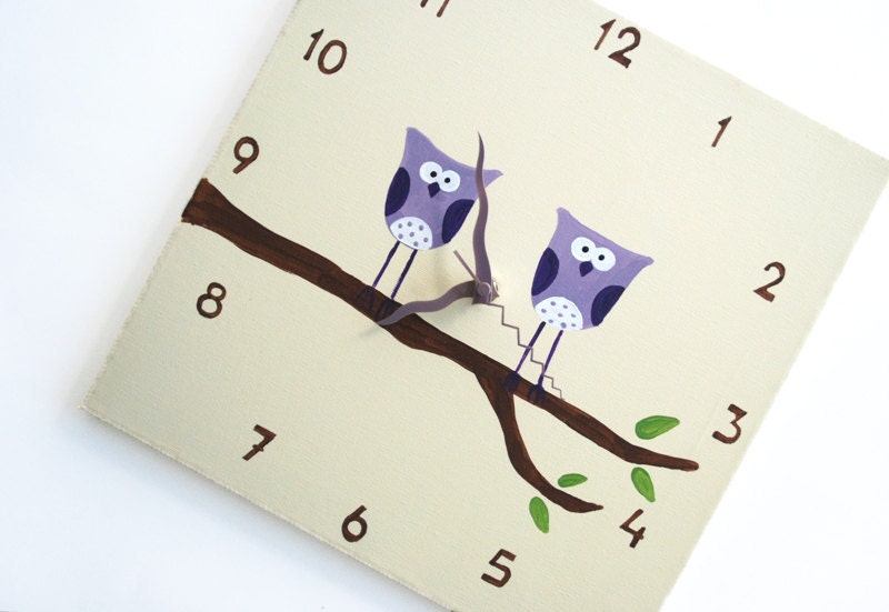Children's Wall clock- Hand painted on canvas- Two Purple owls on a branch- Cream/ Antique White clock for nursery - Shellyka