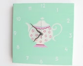 Hand painted on canvas-Vintage Tea pot kitchen clock- white and pink spa green clock for nursery/ kids room