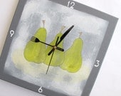 Kitchen clock- Unique Grey wall clock with 3 green pears white numbers, fork and knife hands, Hand painted on canvas