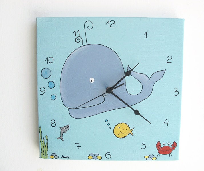 Kids Wall clock- Sea theme, blue whale Square Clock for children/ nursery room - Hand painted on canvas, children decor