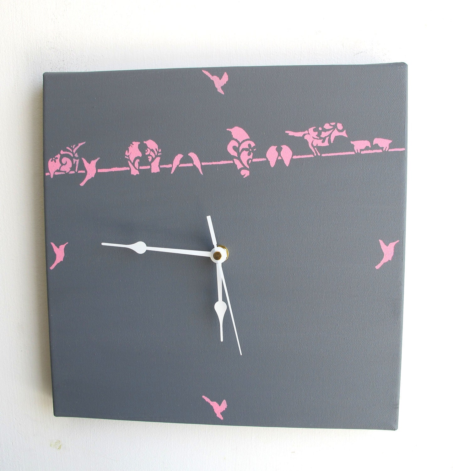 Wall clock- Pink birds-Grey and pink clock for nursery/ kids room/ kitchen clock - Hand painted on canvas