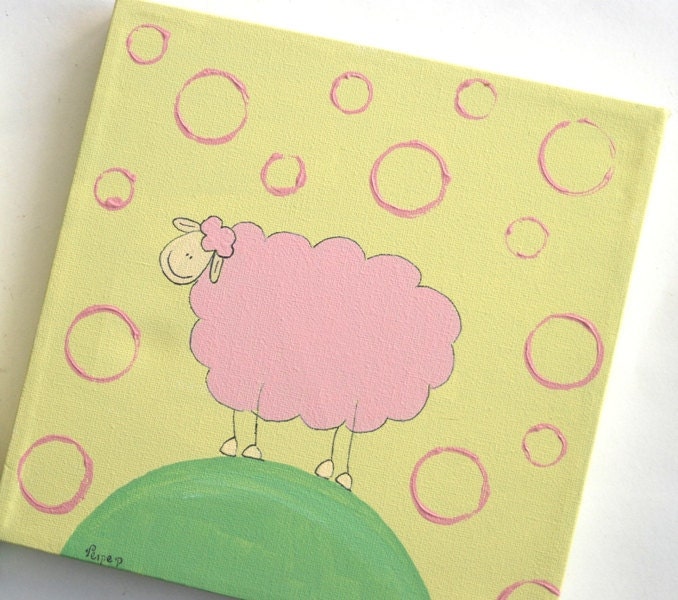 50% Off - Kids wall art- Pink Sheep -Set of two Yellow and pink sheep for nursery decor- Sheep original paintings for children