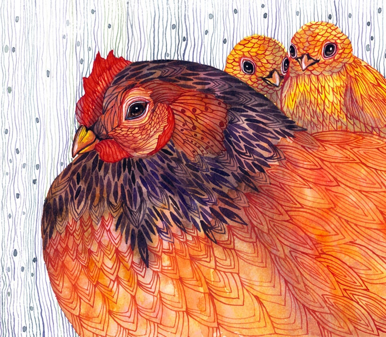 Knitted Hen - hen and chicks cozy mood watercolor artwork print, 10x8 print (No. 32)