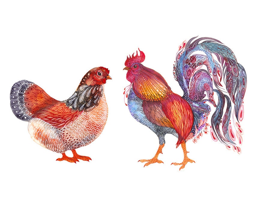 WINTER DISCOUNT -  and Rooster lacy animals art print, size 10x8 (No. 38)