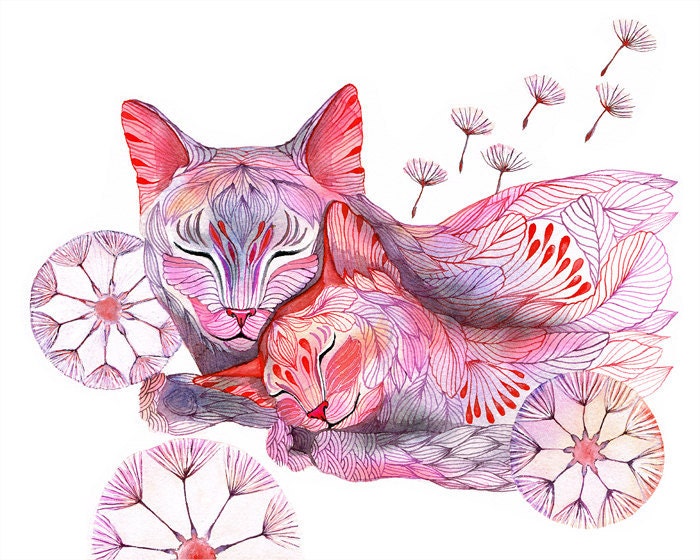 Sleepy dandelion (cat family), animal world art print, size 10"x8". LIMITED EDITION 14/100 (No. 17)