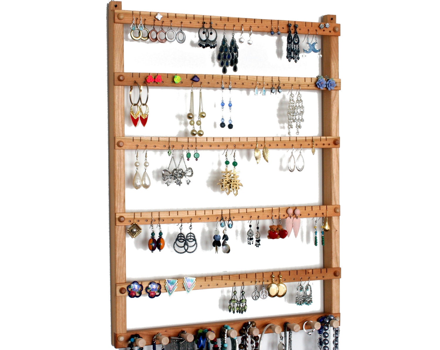 Jewelry Holder - Earring Display, Hanging, Cherry, Wood, Necklace Display.  Up to 120 pairs, 10 pegs.  Wall Mounted. Jewelry Organizer
